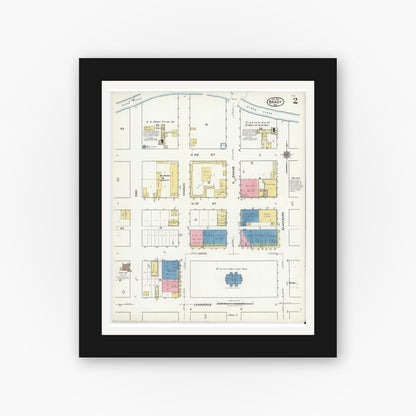 Old map wall art mockup — black gallery frame with white mat — Sanborn Fire Insurance Map from Brady, McCulloch County, Texas (1921), Sheet #0002