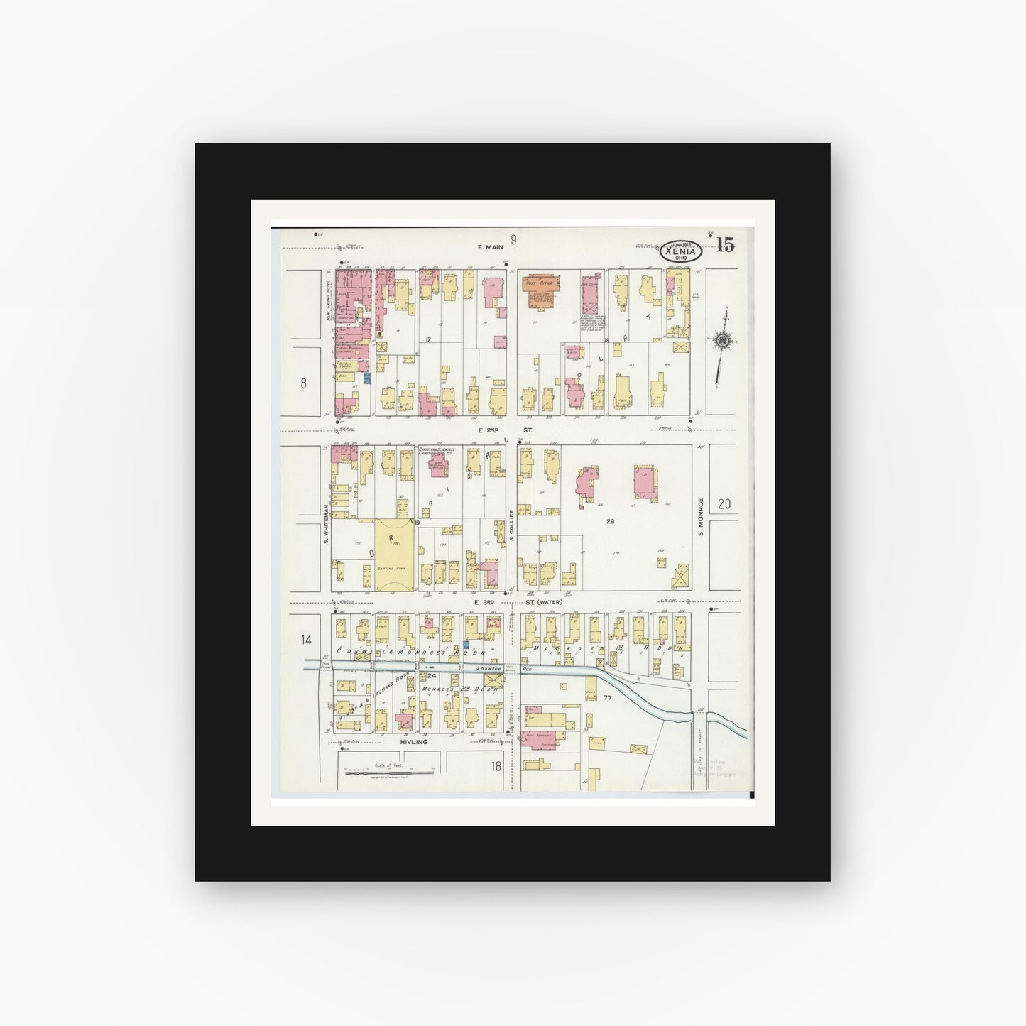 Old map wall art mockup — black gallery frame with white mat — Sanborn Fire Insurance Map from Xenia, Greene County, Ohio (1919), Sheet #0015