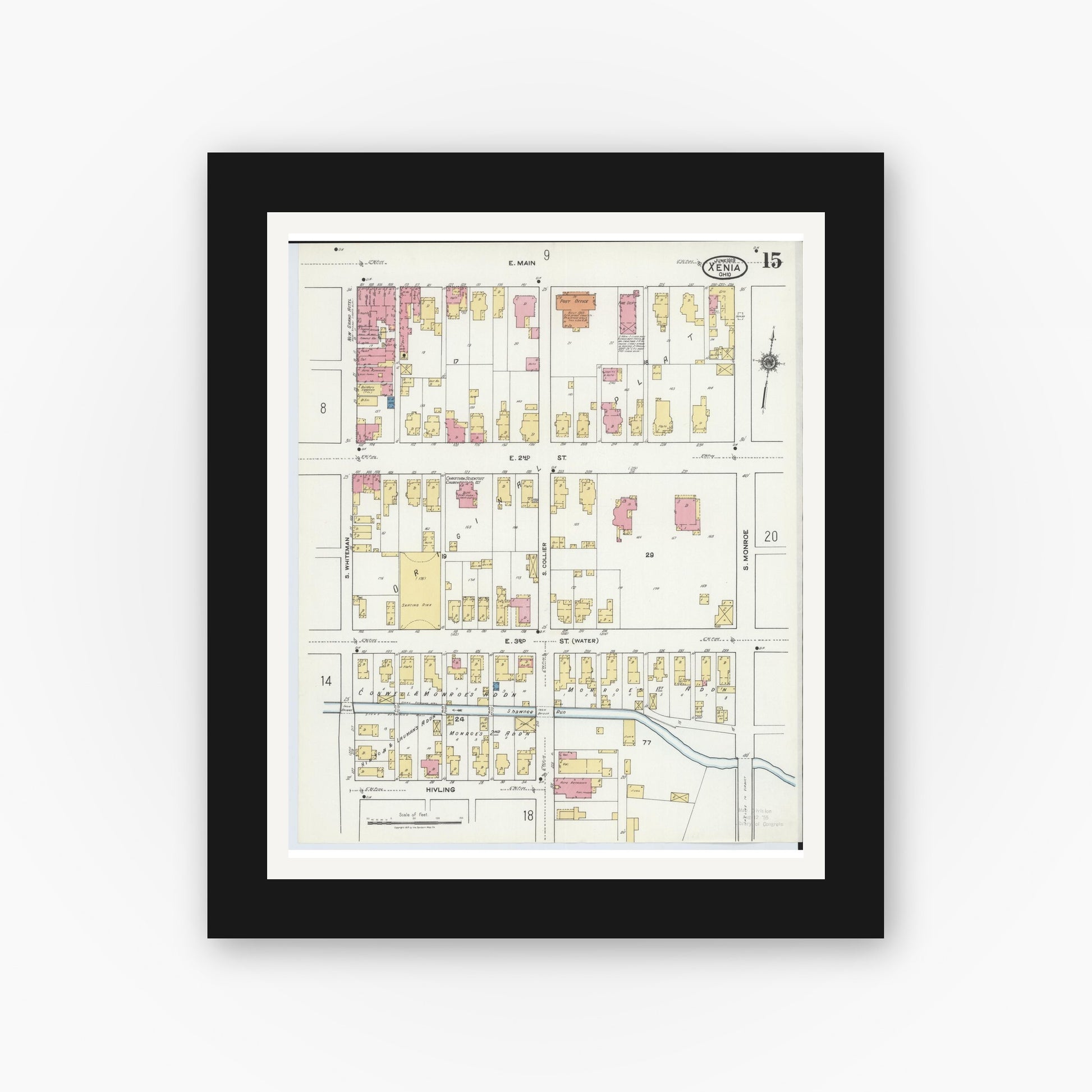 Old map wall art mockup — black gallery frame with white mat — Sanborn Fire Insurance Map from Xenia, Greene County, Ohio (1919), Sheet #0015