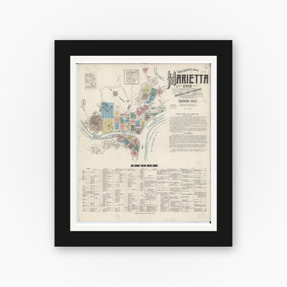 Old map wall art mockup — black gallery frame with white mat — Sanborn Fire Insurance Map from Marietta, Washington County, Ohio (1915), Sheet #0001