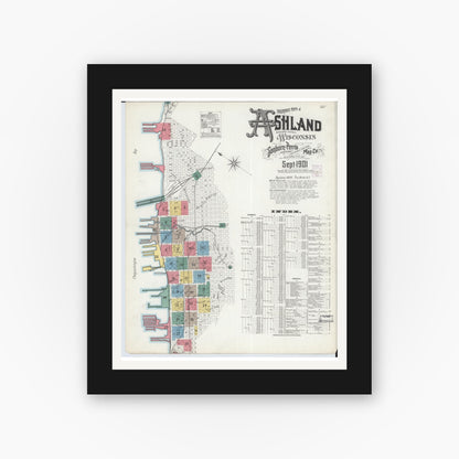 Old map wall art mockup — black gallery frame with white mat — Sanborn Fire Insurance Map from Ashland, Ashland County, Wisconsin (1901), Sheet #0001