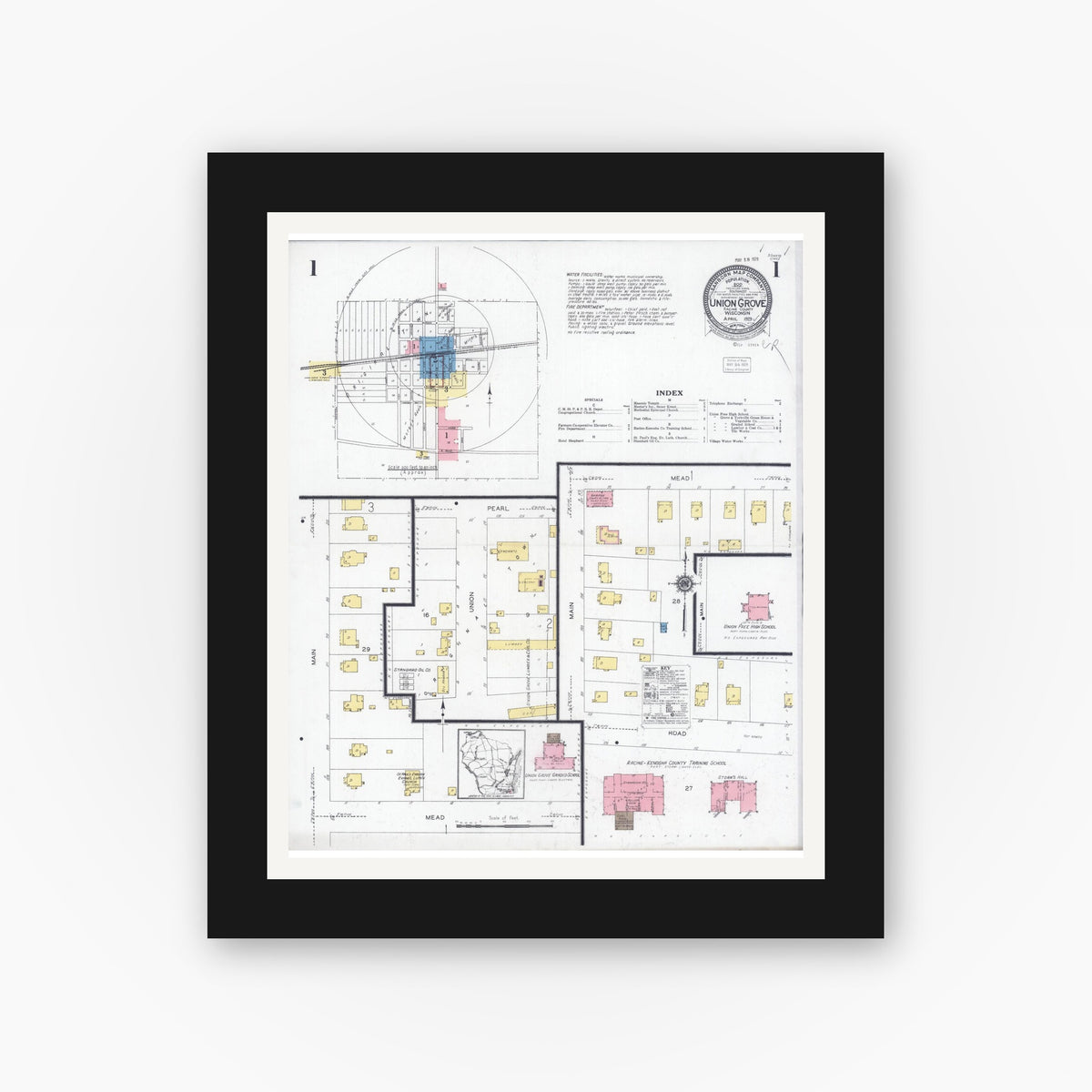 Old map wall art mockup — black gallery frame with white mat — Sanborn Fire Insurance Map from Union Grove, Racine County, Wisconsin (1929) - Complete Map Set