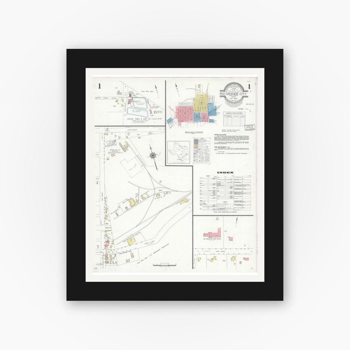 Old map wall art mockup — black gallery frame with white mat — Sanborn Fire Insurance Map from Rio Grande City, Starr County, Texas (1940) - Complete Map Set