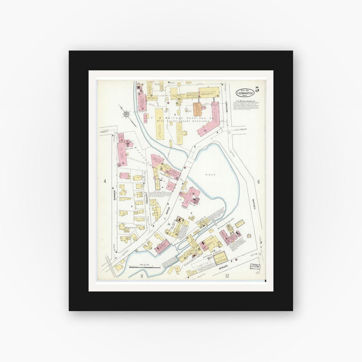 Old map wall art mockup — black gallery frame with white mat — Sanborn Fire Insurance Map from Leominster, Worcester County, Massachusetts (1912), Sheet #0005