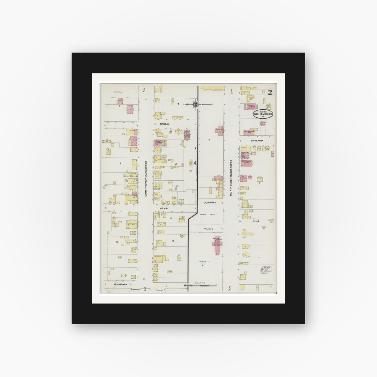 Old map wall art mockup — black gallery frame with white mat — Sanborn Fire Insurance Map from Williamsburg, Independent Cities, Virginia (1910), Sheet #0002