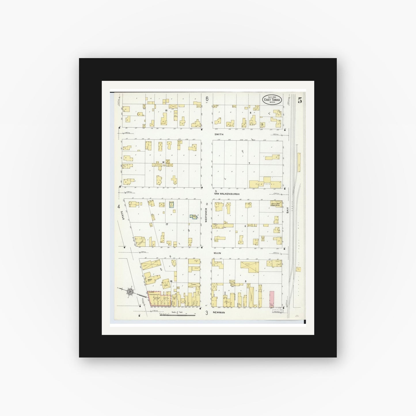 Old map wall art mockup — black gallery frame with white mat — Sanborn Fire Insurance Map from East Tawas, Iosco County, Michigan (1910), Sheet #0005