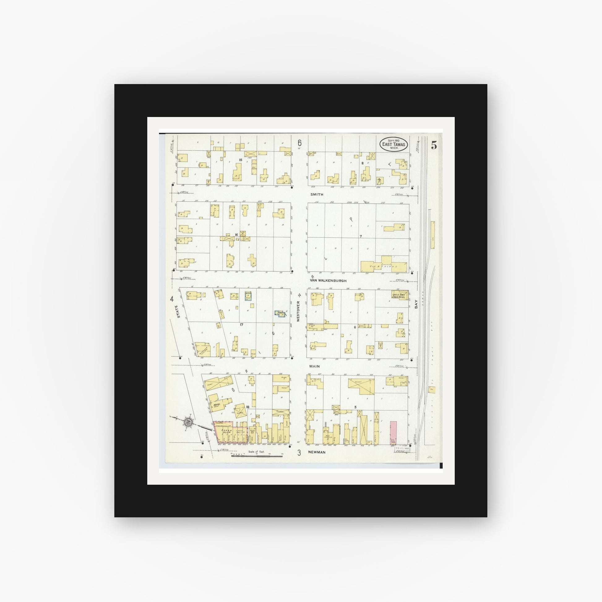 Old map wall art mockup — black gallery frame with white mat — Sanborn Fire Insurance Map from East Tawas, Iosco County, Michigan (1910), Sheet #0005