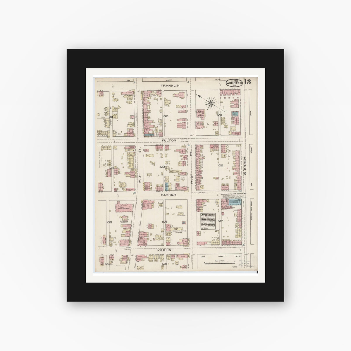 Old map wall art mockup — black gallery frame with white mat — Sanborn Fire Insurance Map from Chester, Delaware County, Pennsylvania (1885), Sheet #0013
