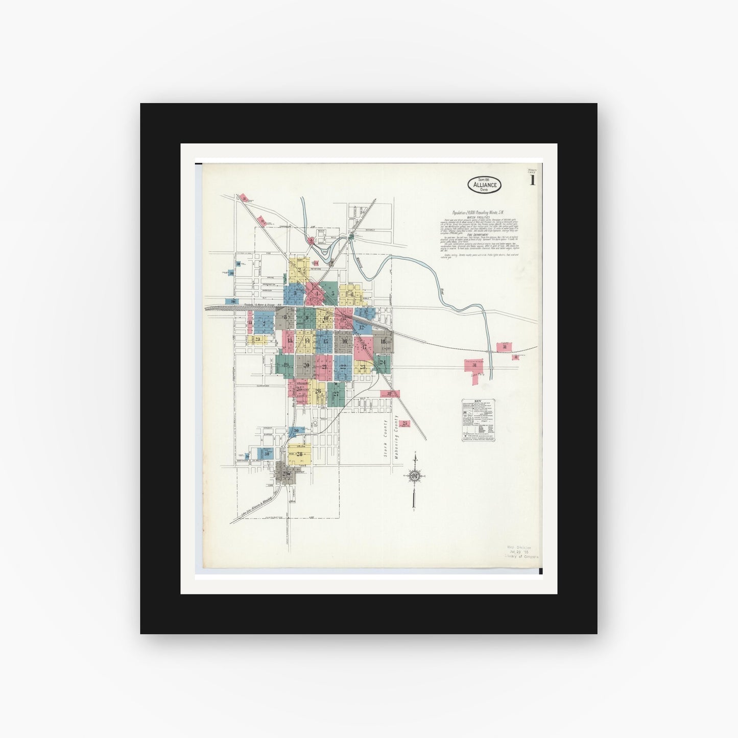 Old map wall art mockup — black gallery frame with white mat — Sanborn Fire Insurance Map from Alliance, Stark County, Ohio (1911) - Complete Map Set