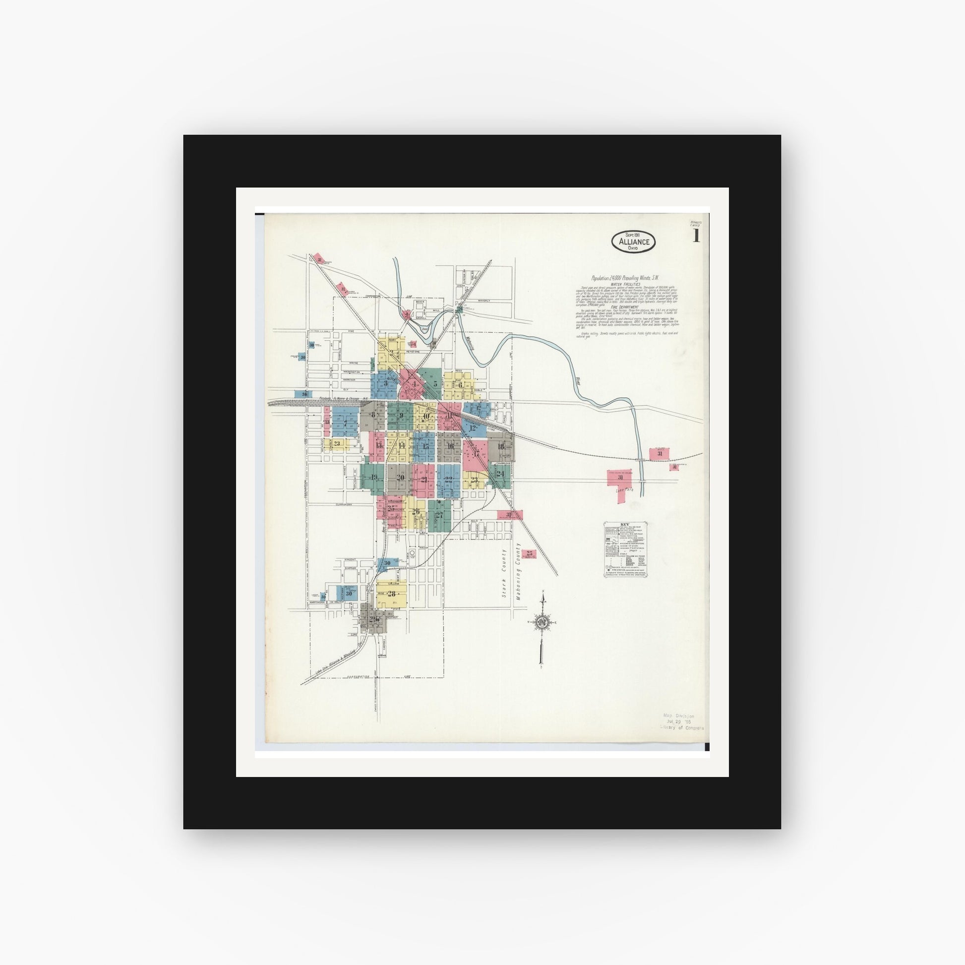 Old map wall art mockup — black gallery frame with white mat — Sanborn Fire Insurance Map from Alliance, Stark County, Ohio (1911) - Complete Map Set