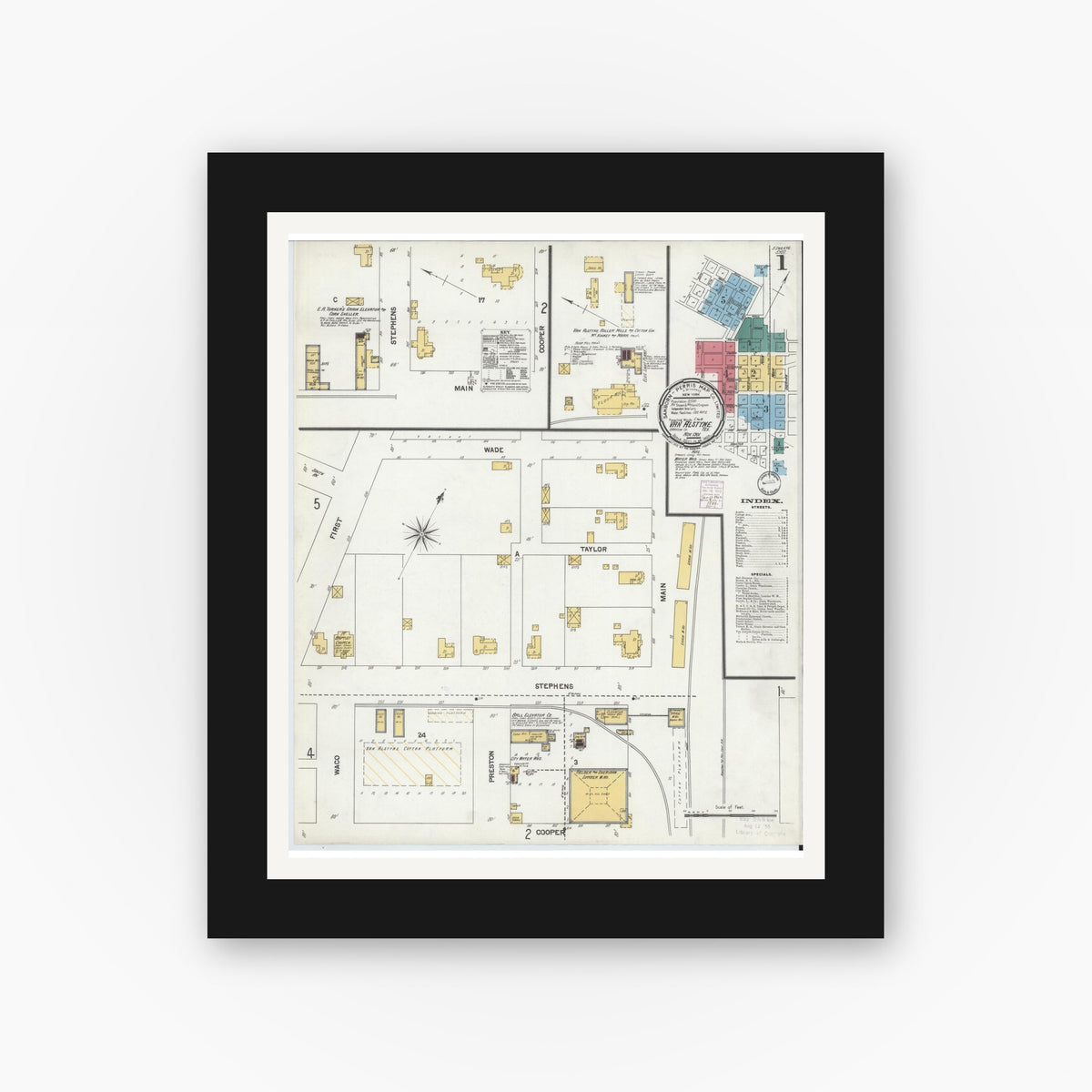 Old map wall art mockup — black gallery frame with white mat — Sanborn Fire Insurance Map from Van Alstyne, Grayson County, Texas (1901), Sheet #0001