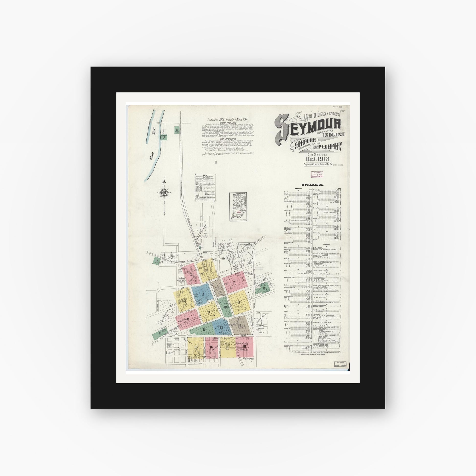 Old map wall art mockup — black gallery frame with white mat — Sanborn Fire Insurance Map from Seymour, Jackson County, Indiana (1913) - Complete Map Set
