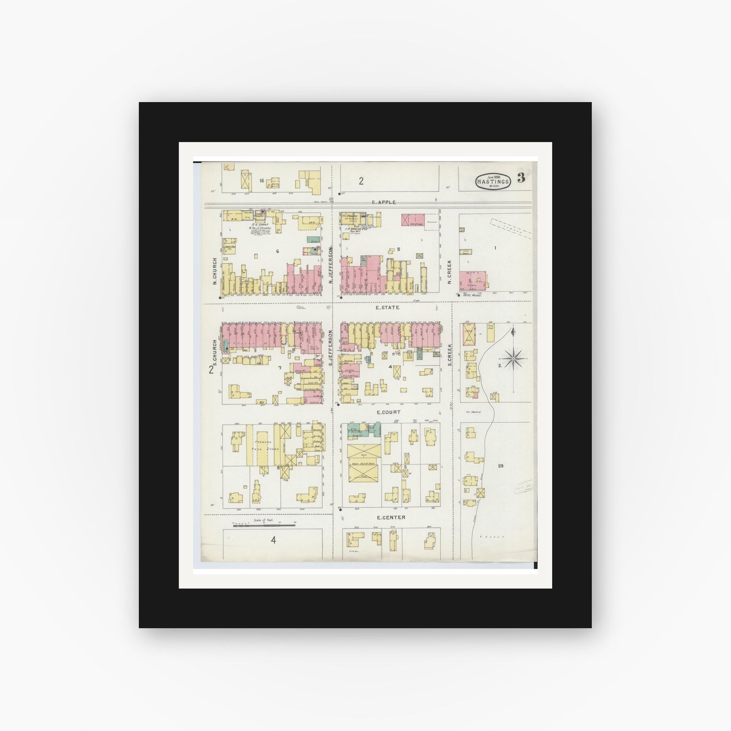 Old map wall art mockup — black gallery frame with white mat — Sanborn Fire Insurance Map from Hastings, Barry County, Michigan (1896), Sheet #0003