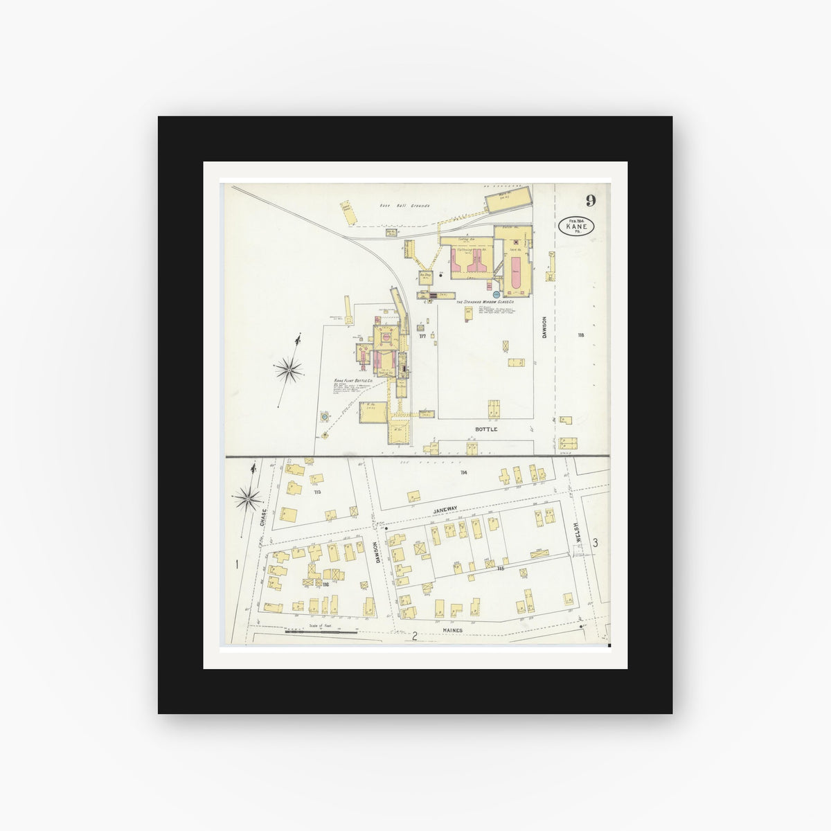 Old map wall art mockup — black gallery frame with white mat — Sanborn Fire Insurance Map from Kane, McKean County, Pennsylvania (1904), Sheet #0009
