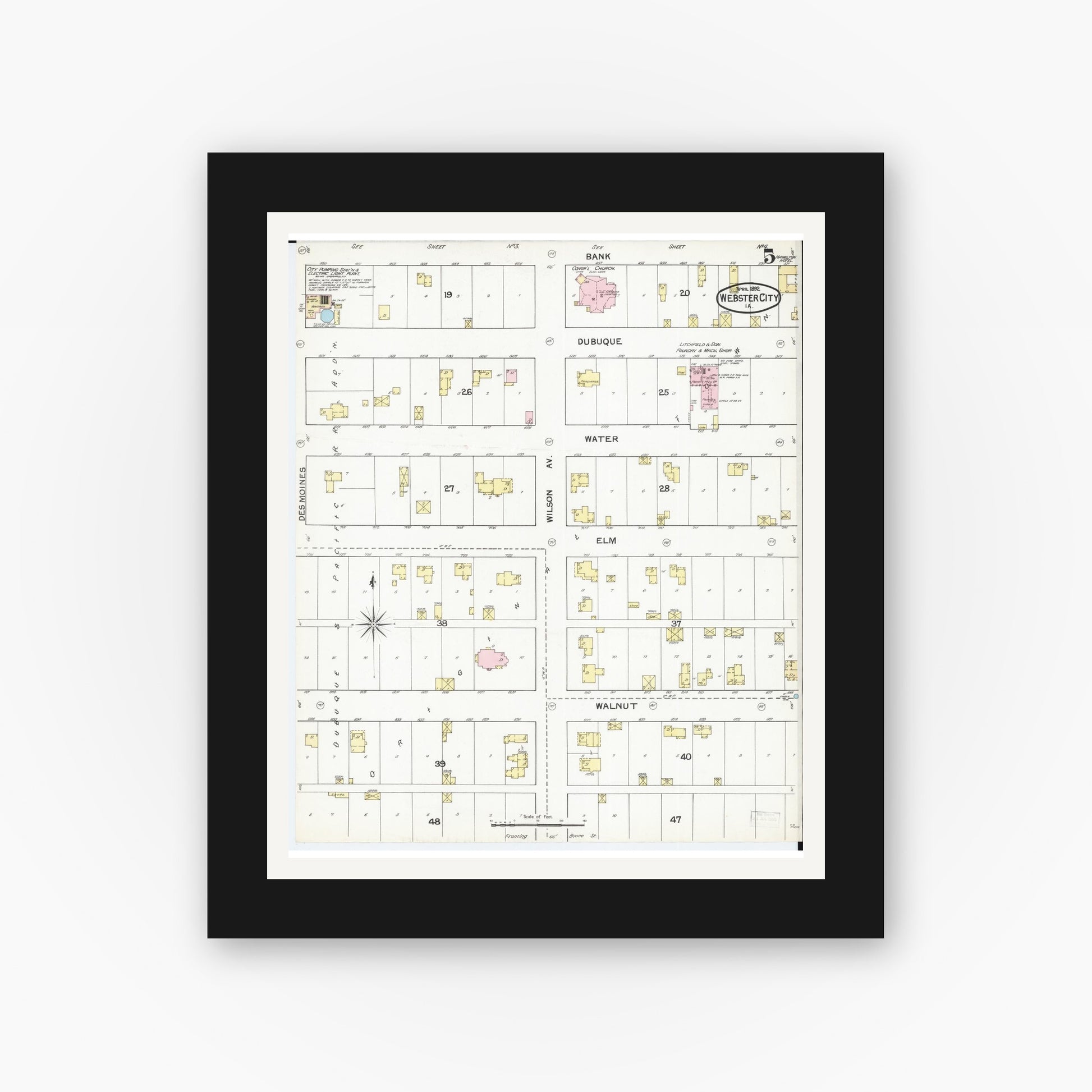 Old map wall art mockup — black gallery frame with white mat — Sanborn Fire Insurance Map from Webster City, Hamilton County, Iowa (1892), Sheet #0005
