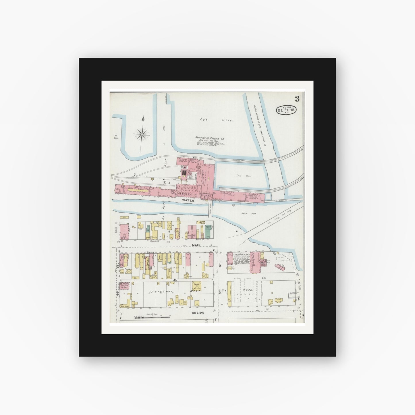 Old map wall art mockup — black gallery frame with white mat — Sanborn Fire Insurance Map from De Pere, Brown County, Wisconsin (1895), Sheet #0003