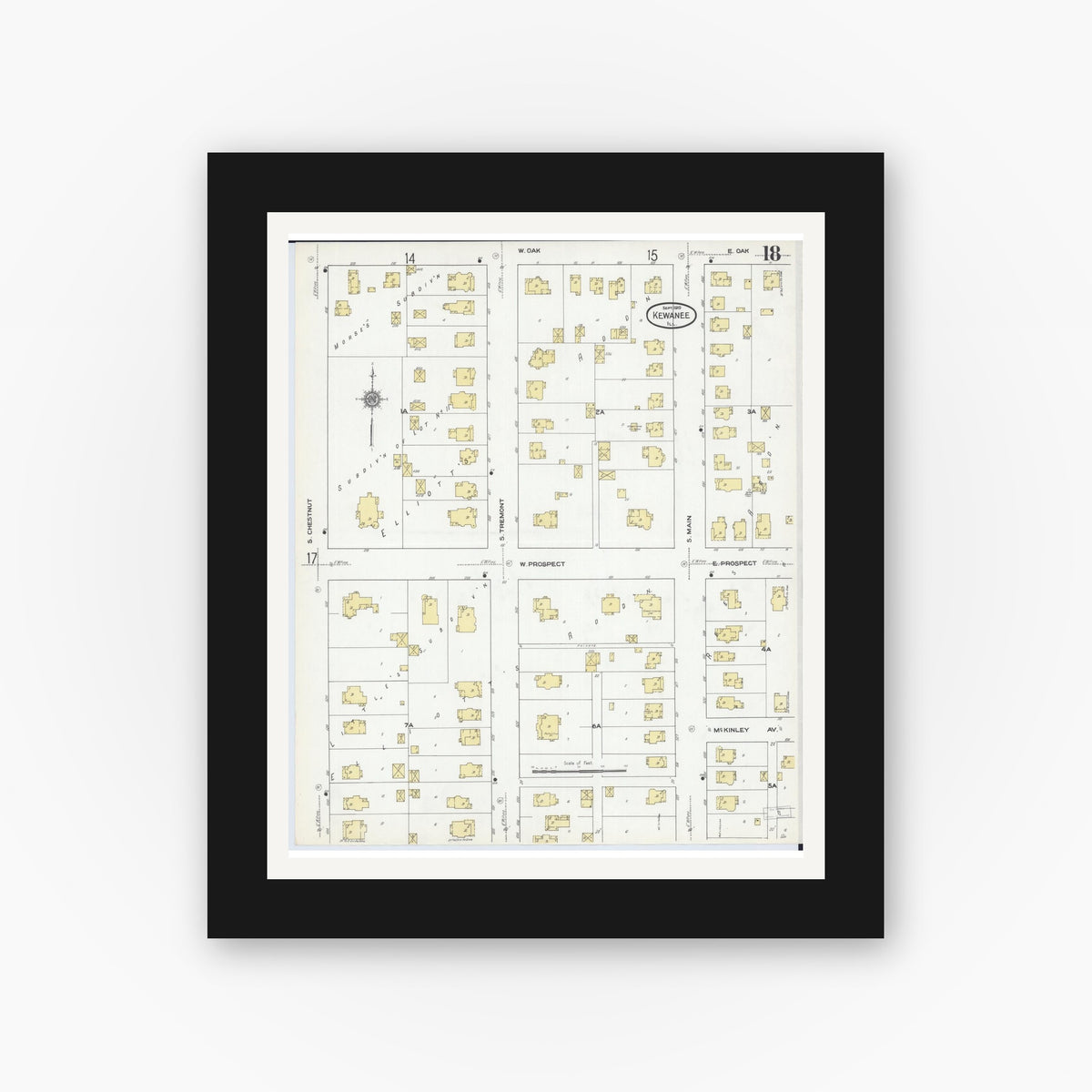 Old map wall art mockup — black gallery frame with white mat — Sanborn Fire Insurance Map from Kewanee, Henry County, Illinois (1910), Sheet #0018