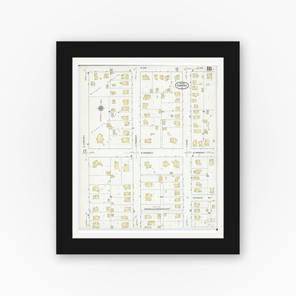 Old map wall art mockup — black gallery frame with white mat — Sanborn Fire Insurance Map from Kewanee, Henry County, Illinois (1910), Sheet #0018