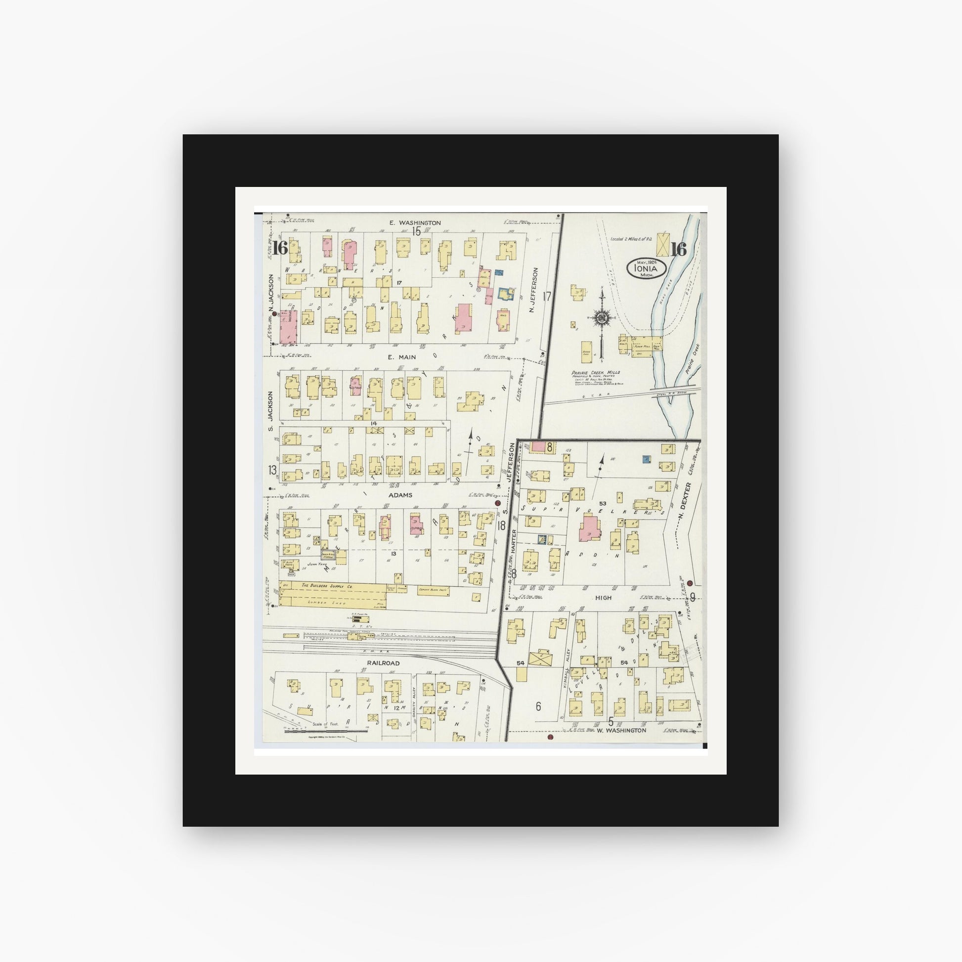 Old map wall art mockup — black gallery frame with white mat — Sanborn Fire Insurance Map from Ionia, Ionia County, Michigan (1924), Sheet #0016