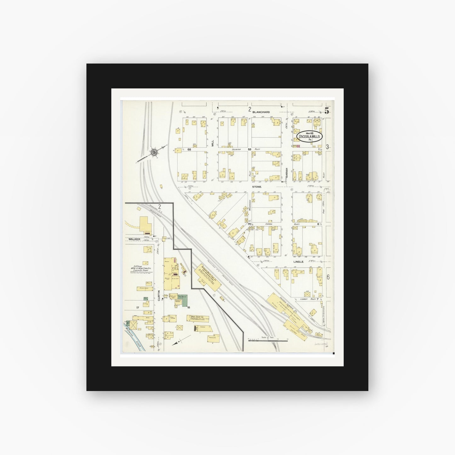 Old map wall art mockup — black gallery frame with white mat — Sanborn Fire Insurance Map from Osceola Mills, Clearfield County, Pennsylvania (1910), Sheet #0005