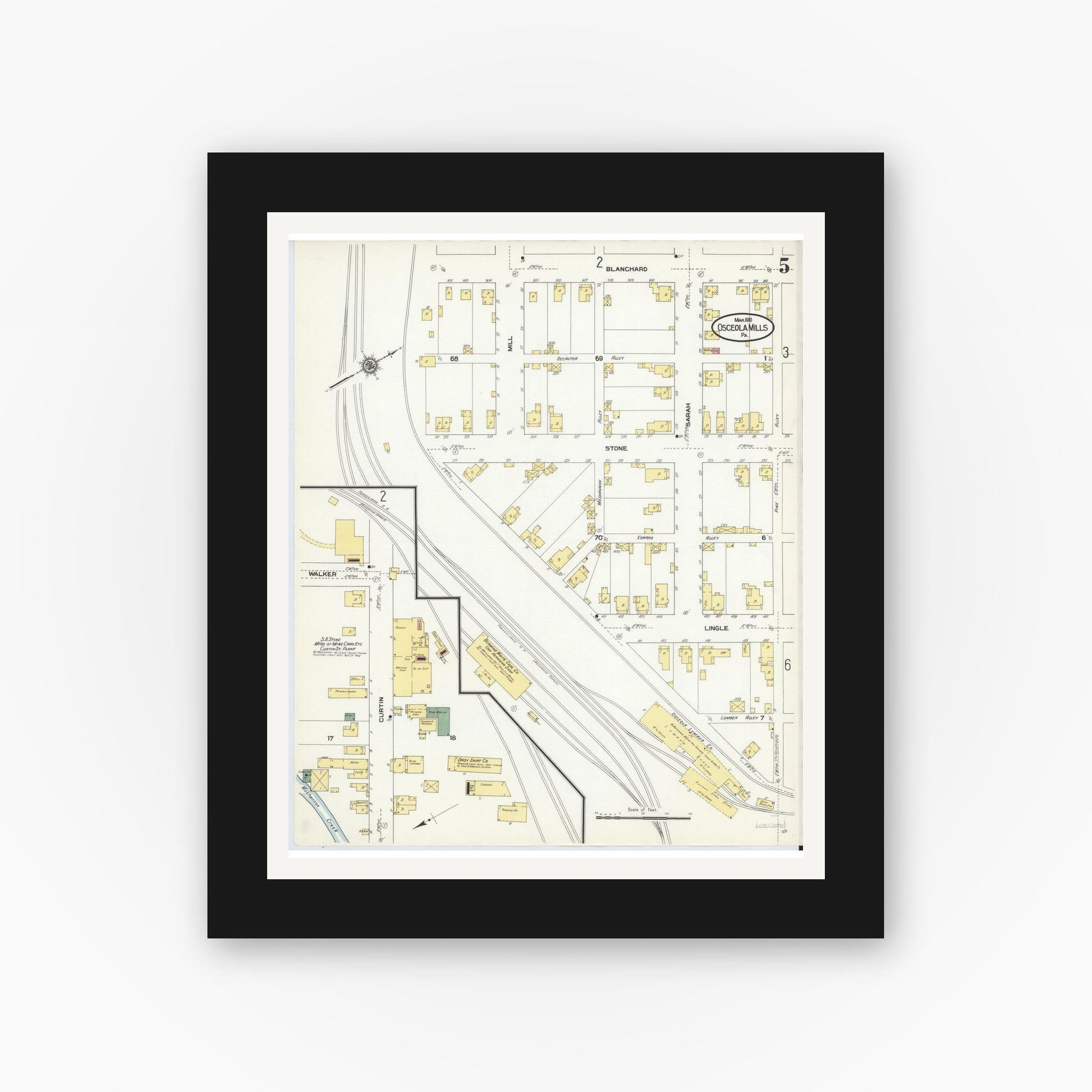 Old map wall art mockup — black gallery frame with white mat — Sanborn Fire Insurance Map from Osceola Mills, Clearfield County, Pennsylvania (1910), Sheet #0005