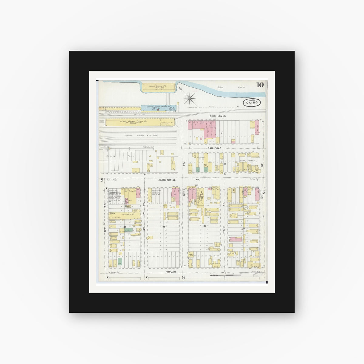 Old map wall art mockup — black gallery frame with white mat — Sanborn Fire Insurance Map from Cairo, Alexander County, Illinois (1896), Sheet #0010