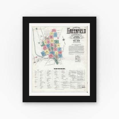 Old map wall art mockup — black gallery frame with white mat — Sanborn Fire Insurance Map from Greenfield, Franklin County, Massachusetts (1909) - Complete Map Set