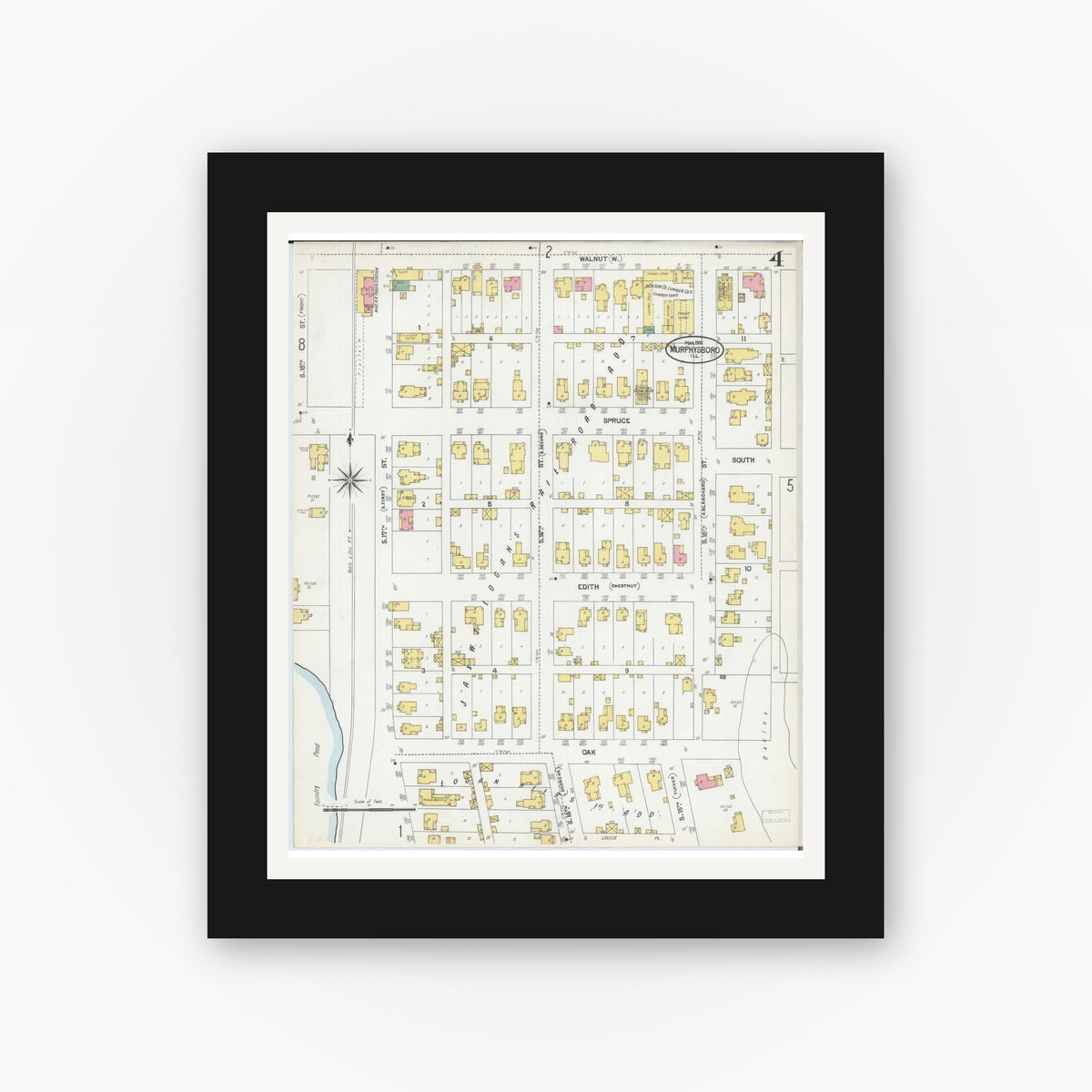 Old map wall art mockup — black gallery frame with white mat — Sanborn Fire Insurance Map from Murphysboro, Jackson County, Illinois (1902), Sheet #0004