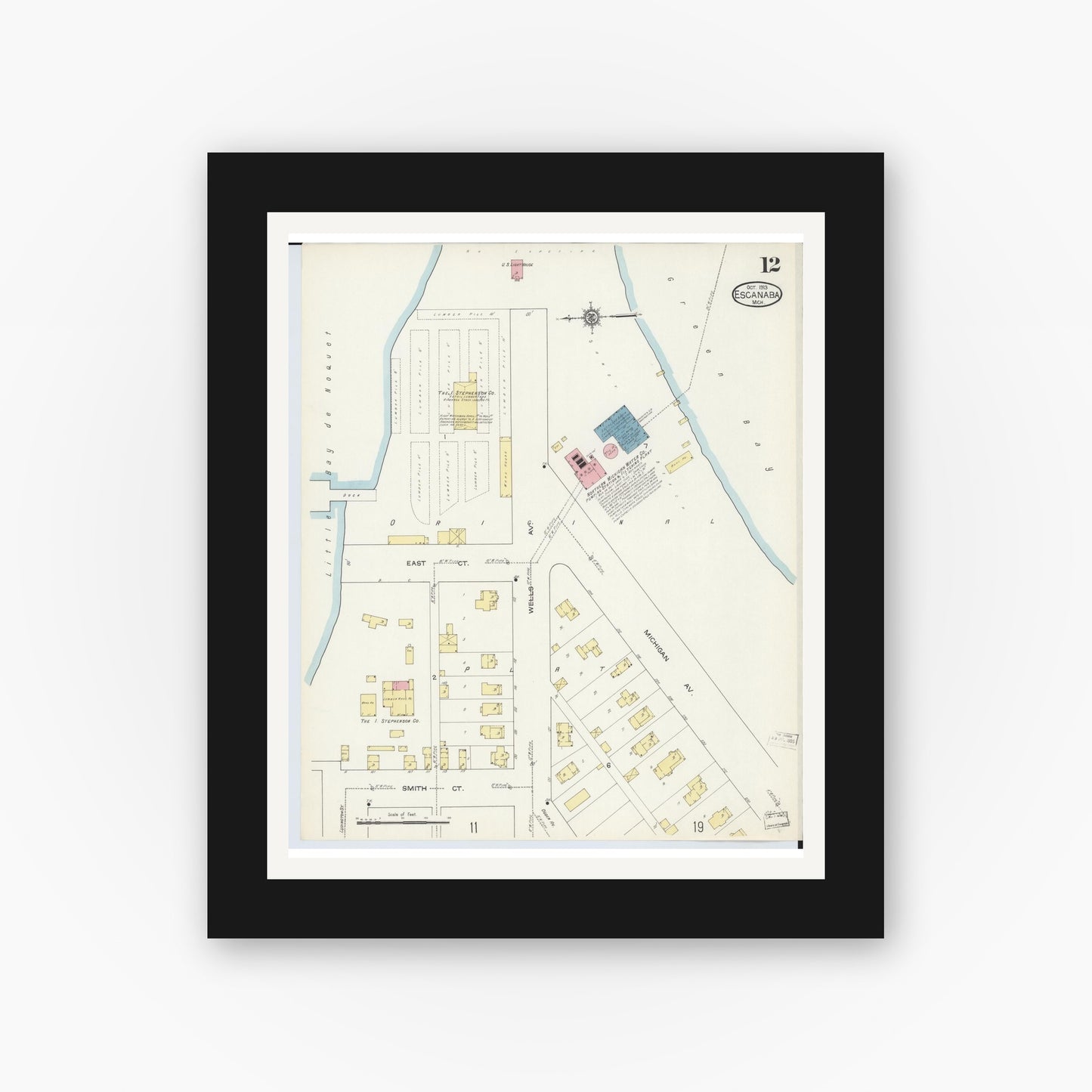 Old map wall art mockup — black gallery frame with white mat — Sanborn Fire Insurance Map from Escanaba, Delta County, Michigan (1913), Sheet #0012