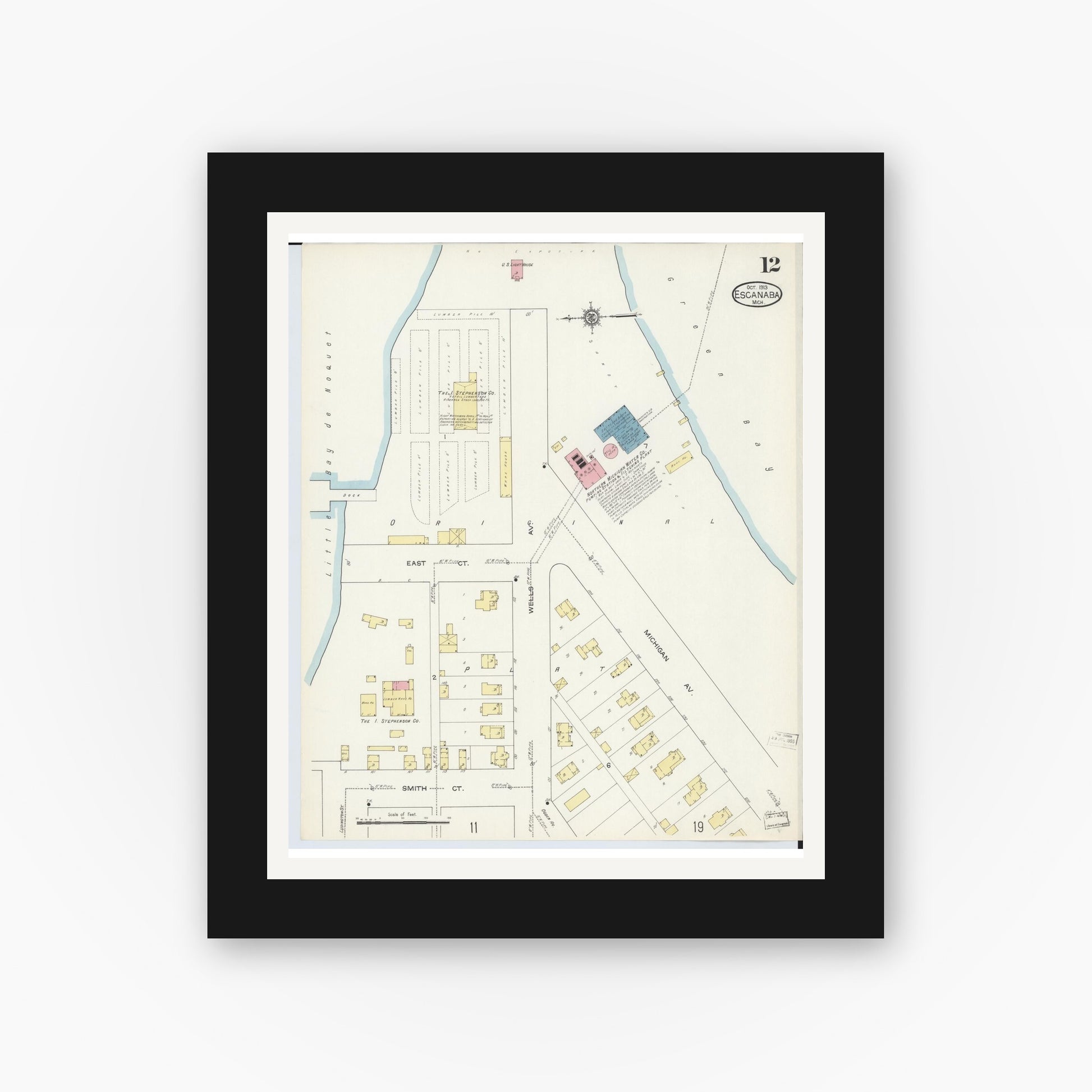 Old map wall art mockup — black gallery frame with white mat — Sanborn Fire Insurance Map from Escanaba, Delta County, Michigan (1913), Sheet #0012