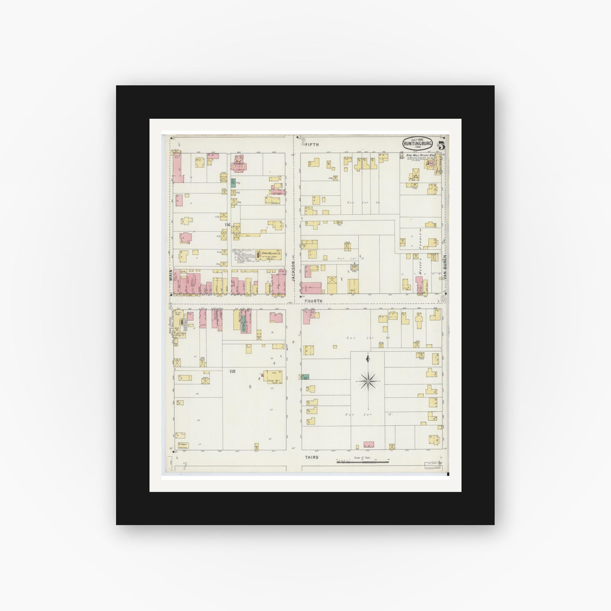 Old map wall art mockup — black gallery frame with white mat — Sanborn Fire Insurance Map from Huntingburg, Dubois County, Indiana (1895), Sheet #0005