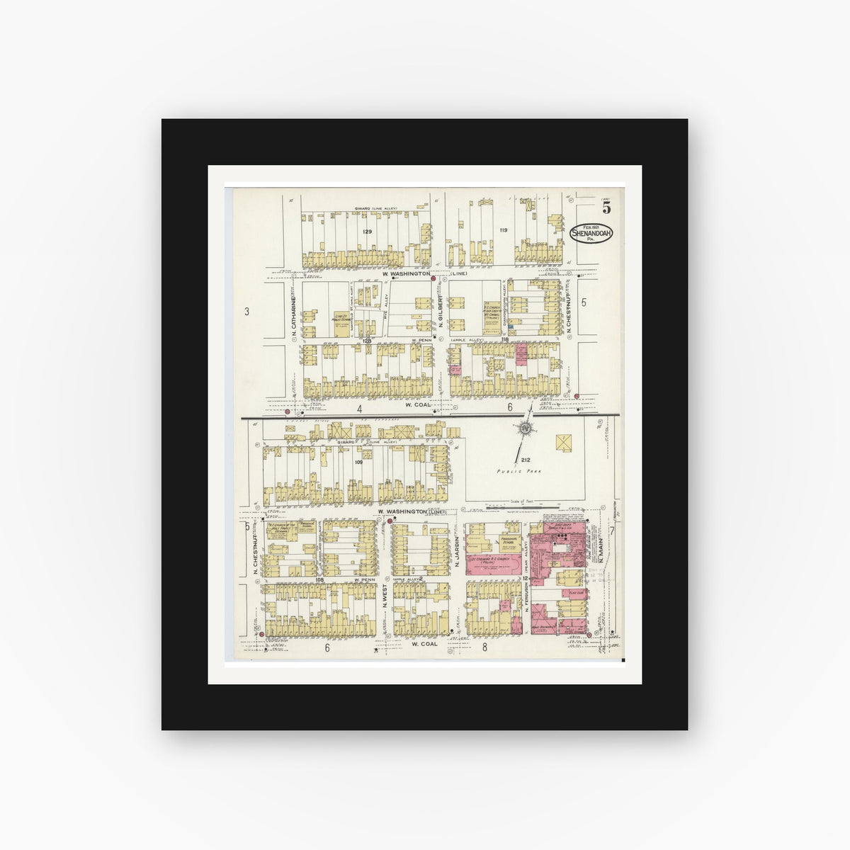 Old map wall art mockup — black gallery frame with white mat — Sanborn Fire Insurance Map from Shenandoah, Schuylkill County, Pennsylvania (1921), Sheet #0005