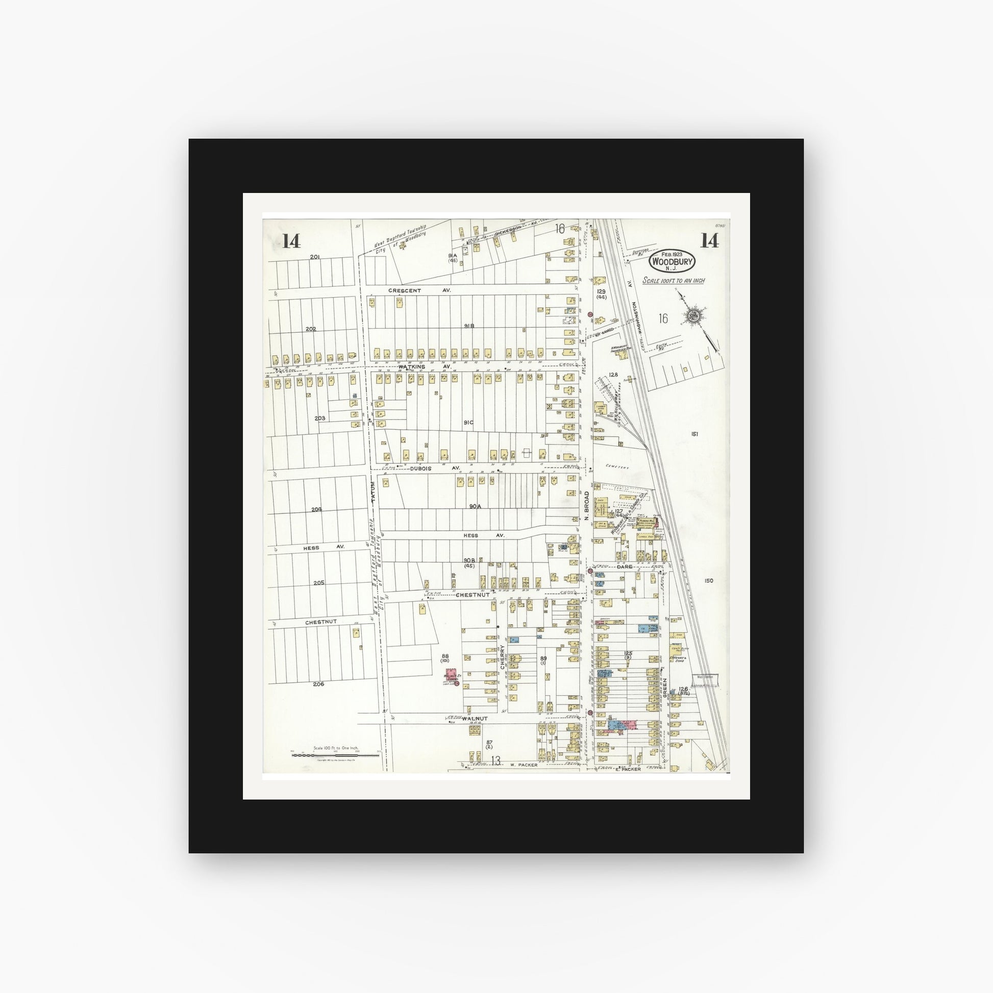 Old map wall art mockup — black gallery frame with white mat — Sanborn Fire Insurance Map from Woodbury, Gloucester County, New Jersey (1923), Sheet #0014