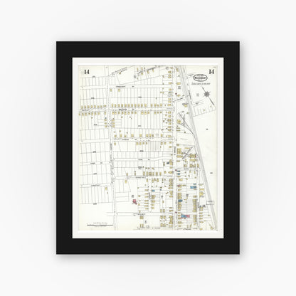 Old map wall art mockup — black gallery frame with white mat — Sanborn Fire Insurance Map from Woodbury, Gloucester County, New Jersey (1923), Sheet #0014