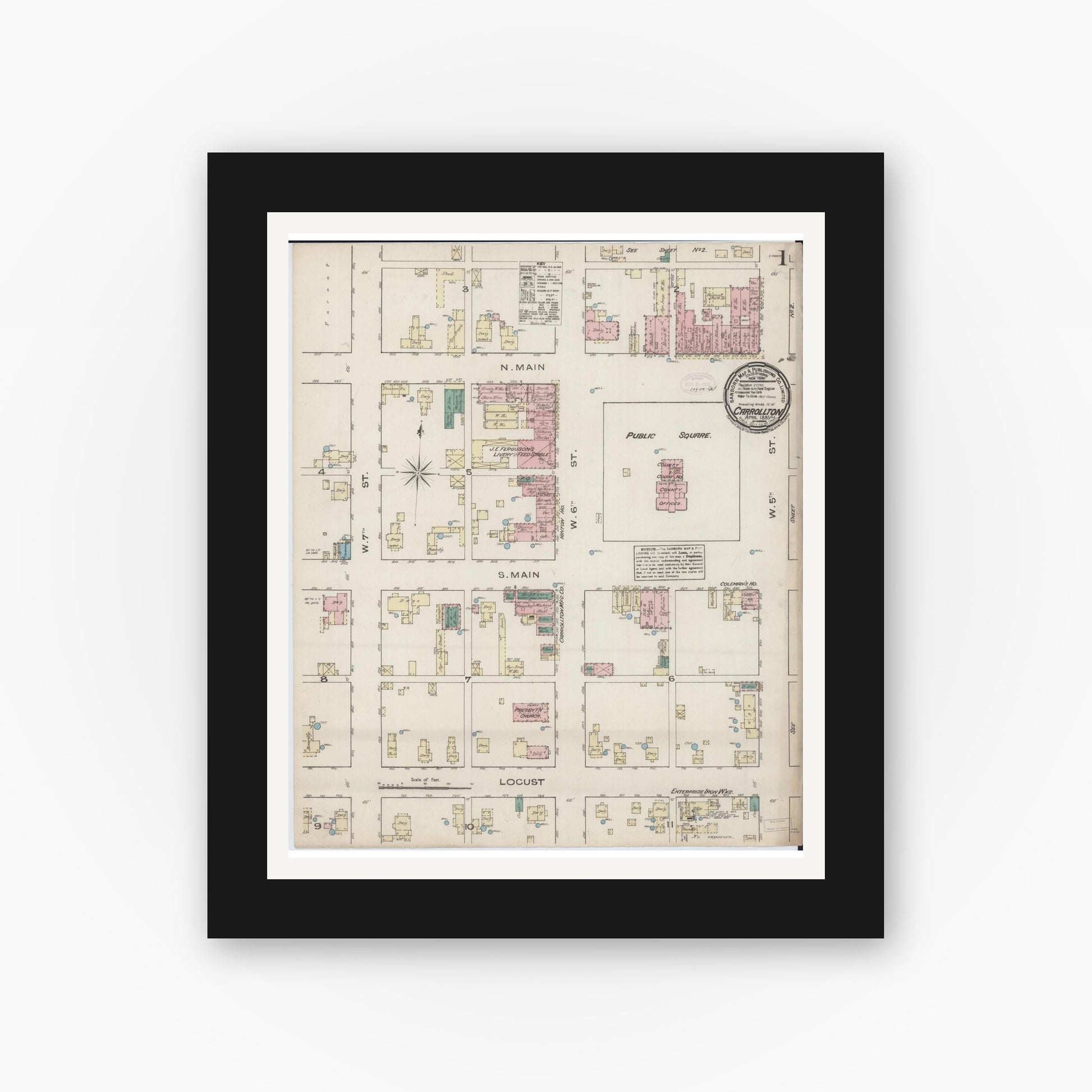 Old map wall art mockup — black gallery frame with white mat — Sanborn Fire Insurance Map from Carrollton, Greene County, Illinois (1885), Sheet #0001
