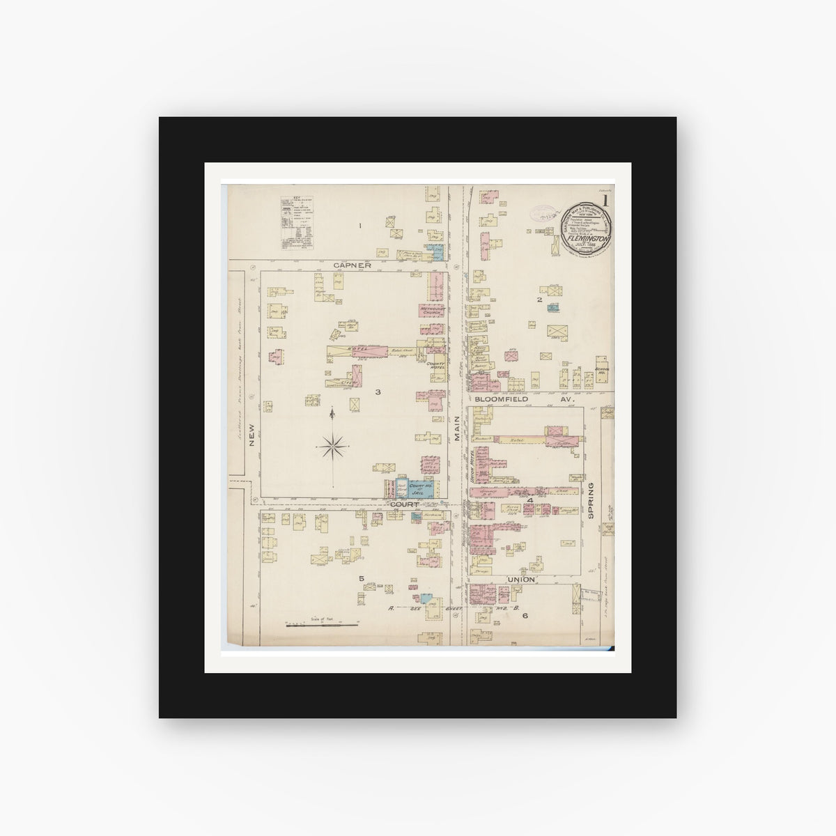 Old map wall art mockup — black gallery frame with white mat — Sanborn Fire Insurance Map from Flemington, Hunterdon County, New Jersey (1885) - Complete Map Set