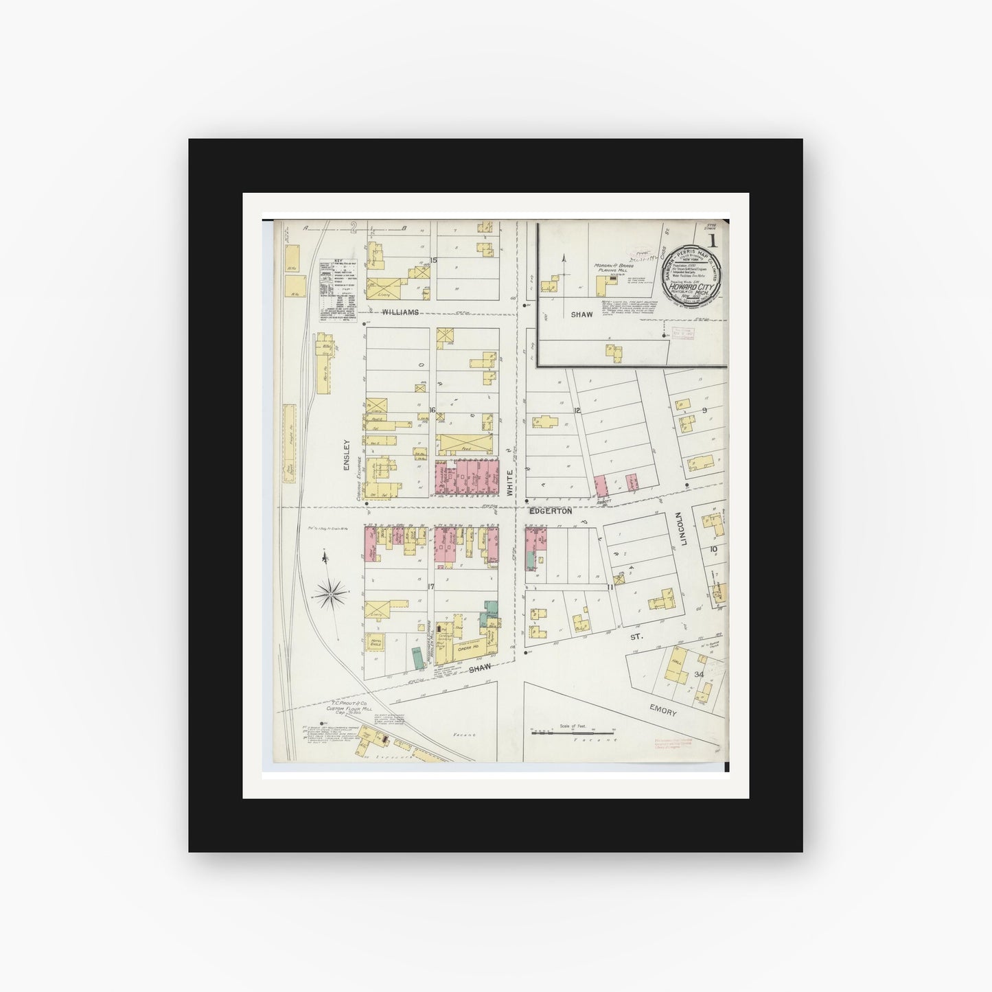 Old map wall art mockup — black gallery frame with white mat — Sanborn Fire Insurance Map from Howard City, Montcalm County, Michigan (1892) - Complete Map Set