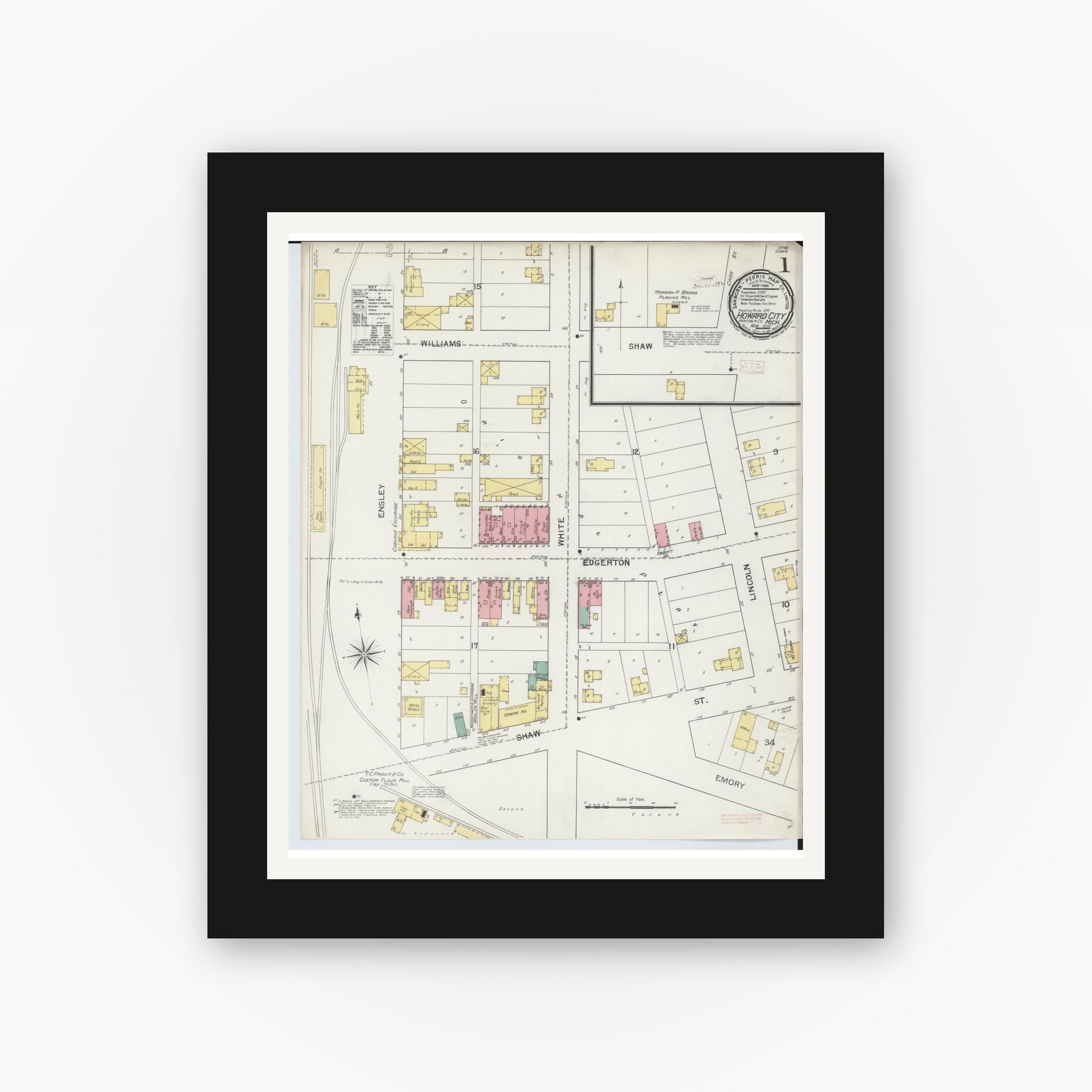 Old map wall art mockup — black gallery frame with white mat — Sanborn Fire Insurance Map from Howard City, Montcalm County, Michigan (1892) - Complete Map Set