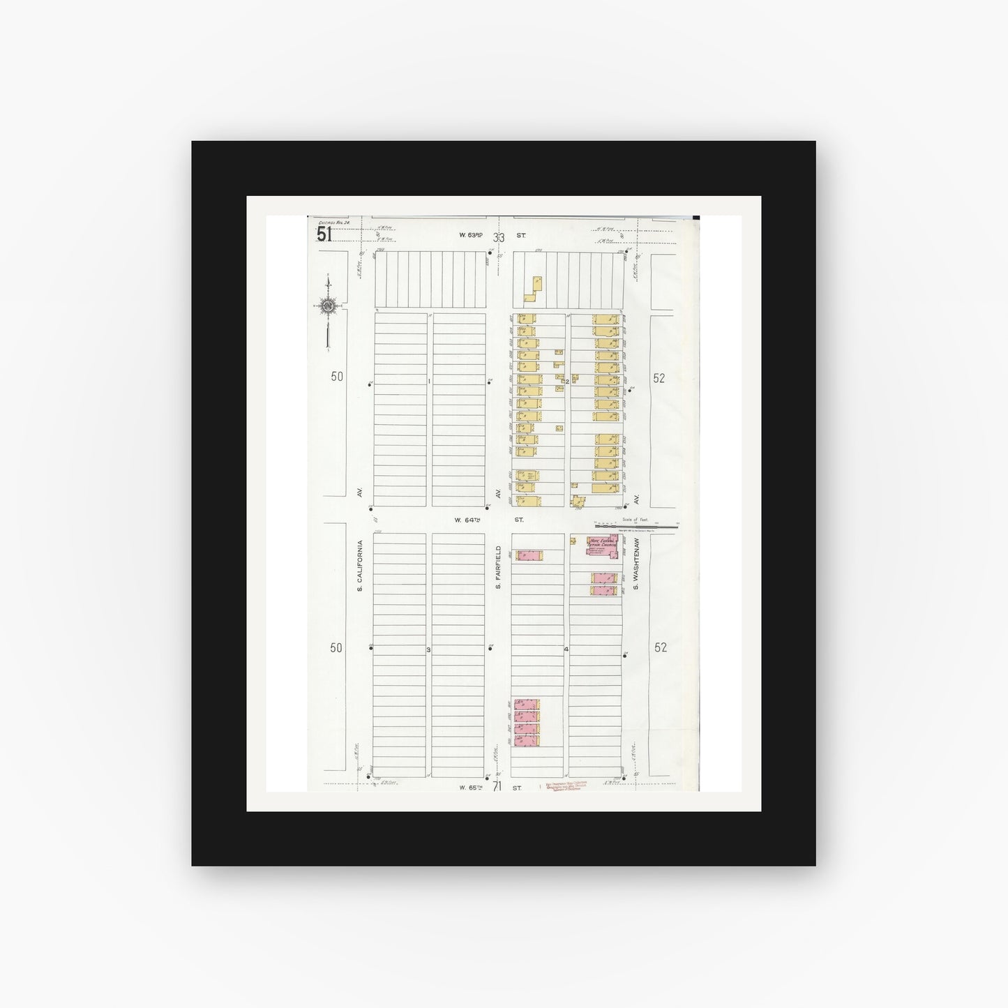 Old map wall art mockup — black gallery frame with white mat — Sanborn Fire Insurance Map from Chicago, Cook County, Illinois (1920), Sheet #0051