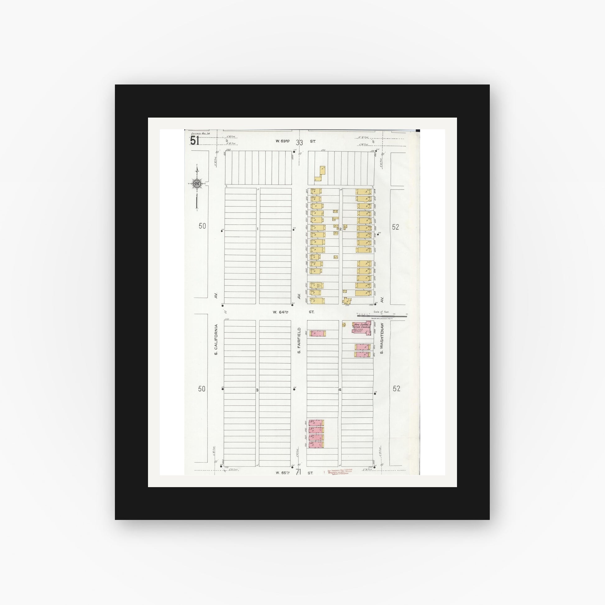 Old map wall art mockup — black gallery frame with white mat — Sanborn Fire Insurance Map from Chicago, Cook County, Illinois (1920), Sheet #0051