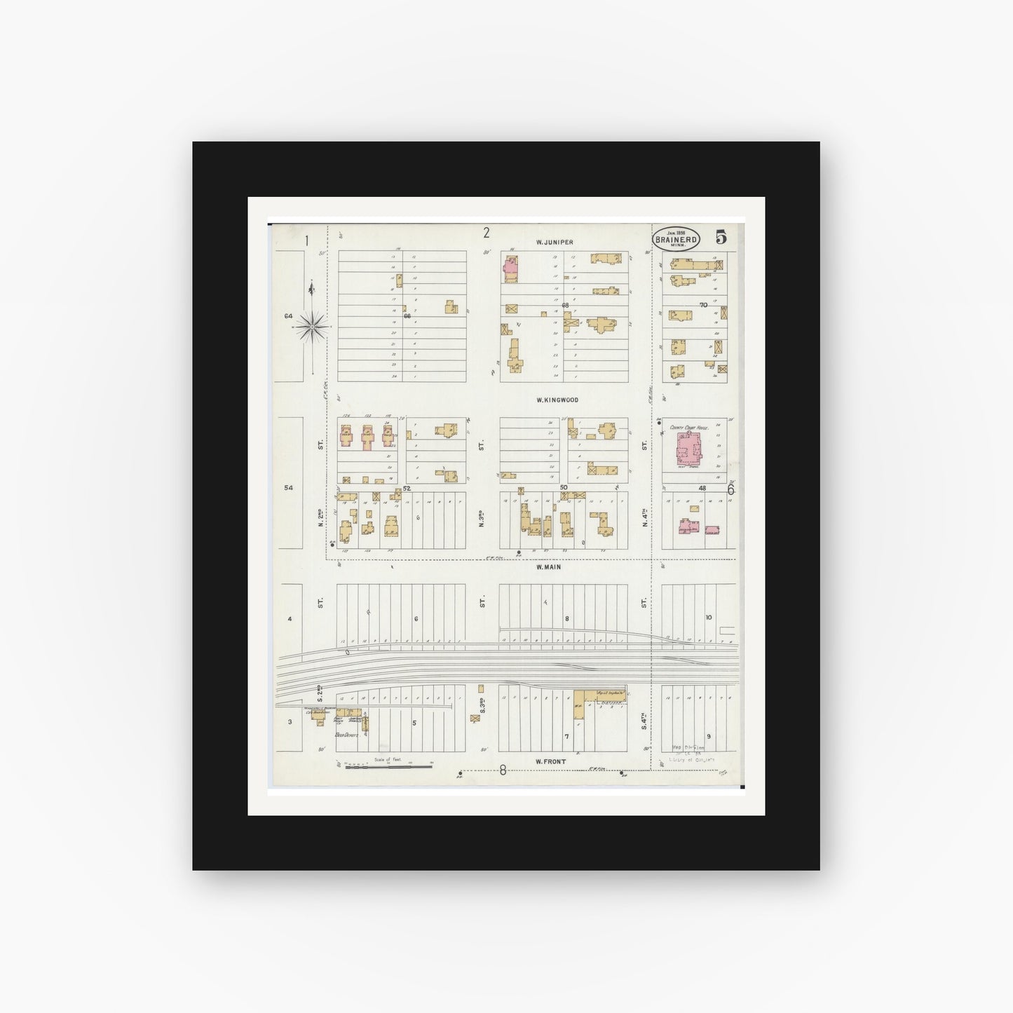 Old map wall art mockup — black gallery frame with white mat — Sanborn Fire Insurance Map from Brainerd, Crow Wing County, Minnesota (1898), Sheet #0005