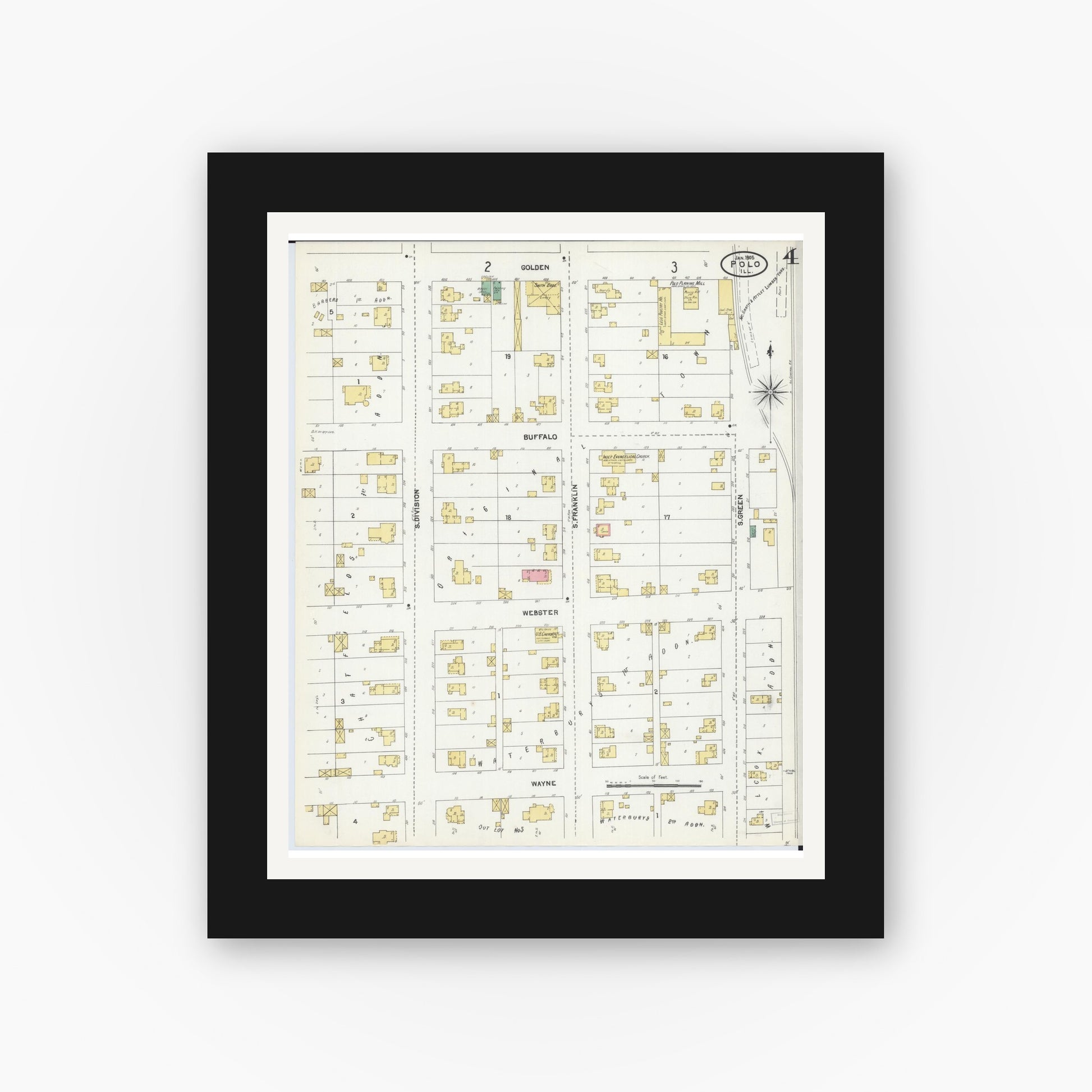 Old map wall art mockup — black gallery frame with white mat — Sanborn Fire Insurance Map from Polo, Ogle County, Illinois (1905), Sheet #0004
