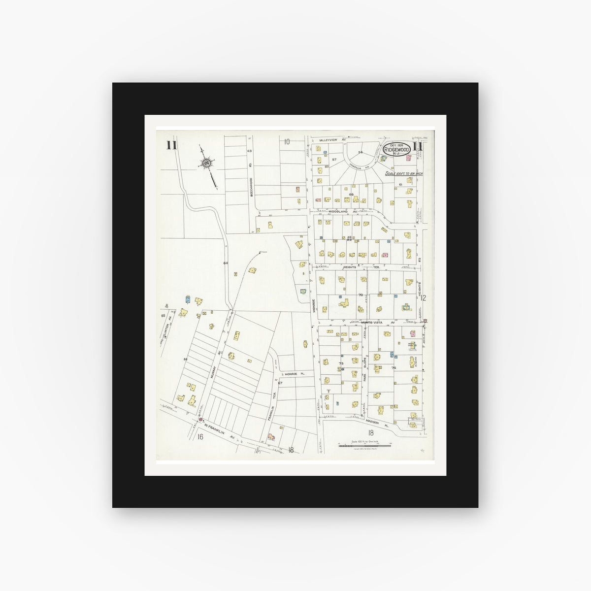 Old map wall art mockup — black gallery frame with white mat — Sanborn Fire Insurance Map from Ridgewood, Bergen County, New Jersey (1924), Sheet #0011
