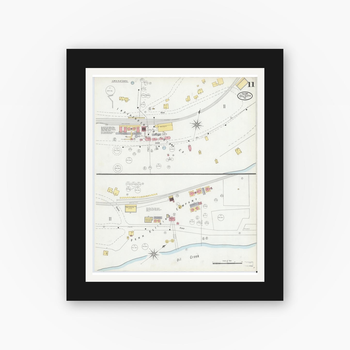 Old map wall art mockup — black gallery frame with white mat — Sanborn Fire Insurance Map from Oil City, Venango County, Pennsylvania (1901), Sheet #0011