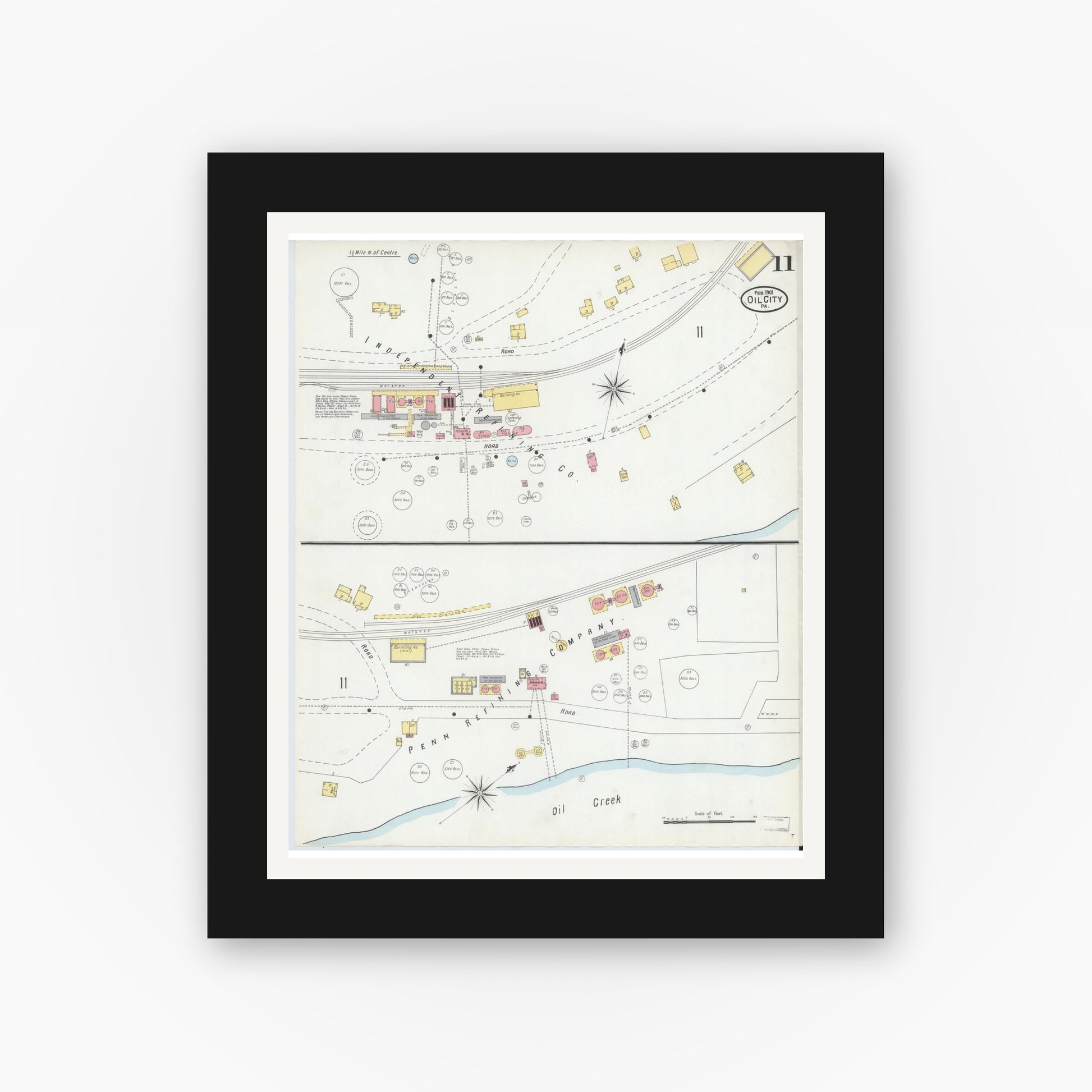 Old map wall art mockup — black gallery frame with white mat — Sanborn Fire Insurance Map from Oil City, Venango County, Pennsylvania (1901), Sheet #0011