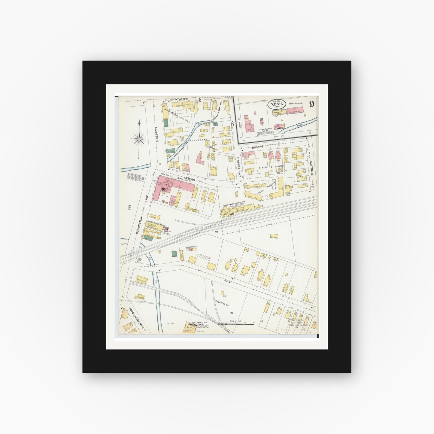 Old map wall art mockup — black gallery frame with white mat — Sanborn Fire Insurance Map from Xenia, Greene County, Ohio (1901), Sheet #0009
