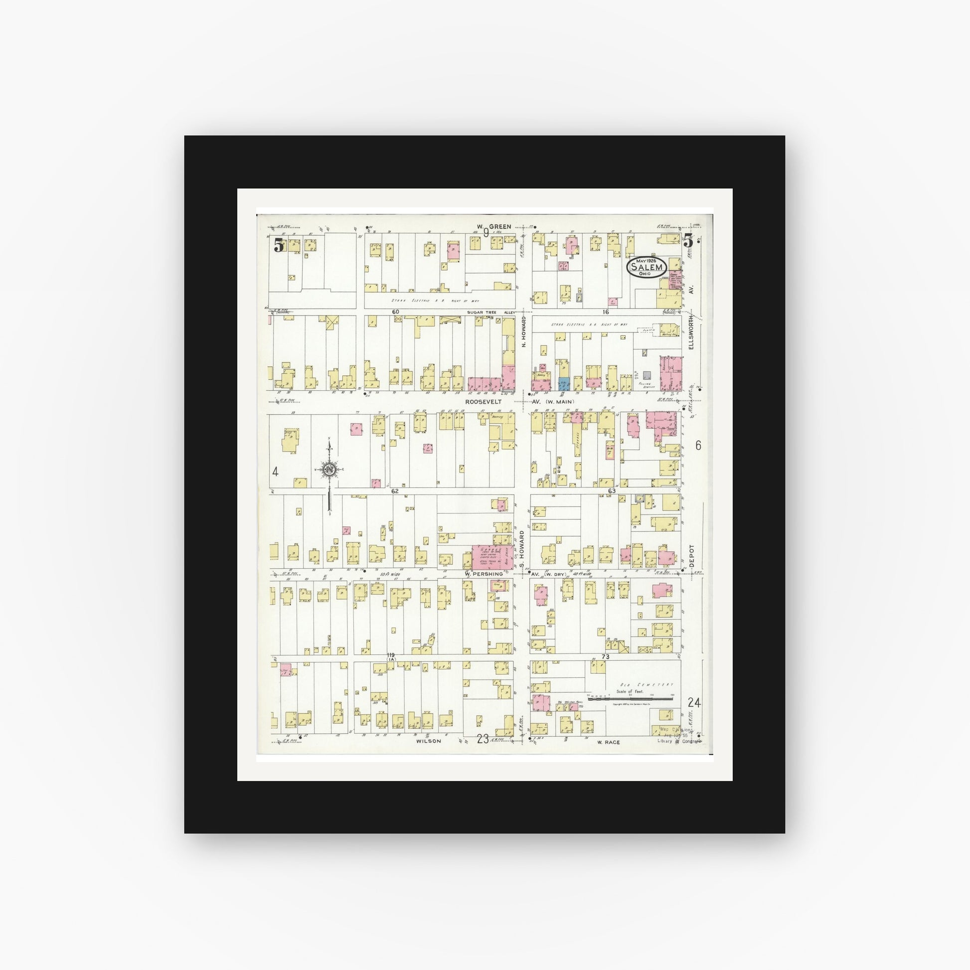 Old map wall art mockup — black gallery frame with white mat — Sanborn Fire Insurance Map from Salem, Columbiana County, Ohio (1926), Sheet #0005