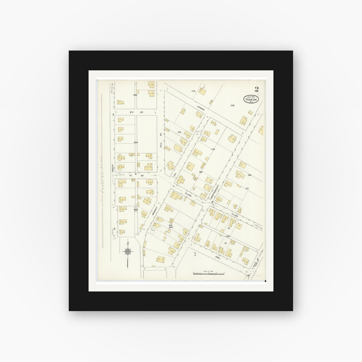 Old map wall art mockup — black gallery frame with white mat — Sanborn Fire Insurance Map from Yoakum, De Witt And Lavaca Counties, Texas (1912), Sheet #0002