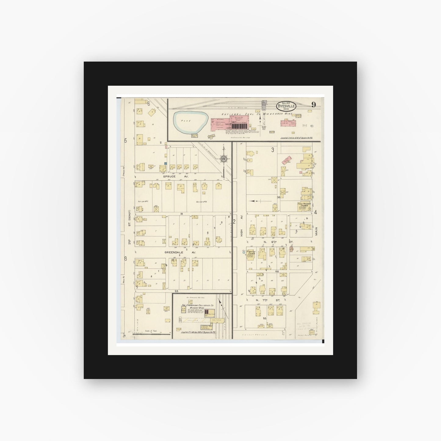 Old map wall art mockup — black gallery frame with white mat — Sanborn Fire Insurance Map from Byesville, Guernsey County, Ohio (1913), Sheet #0009