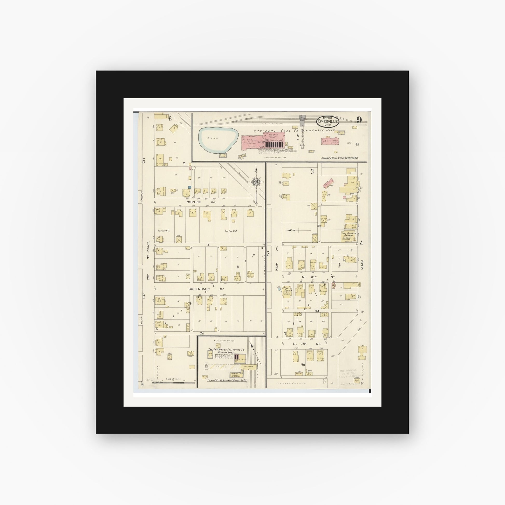 Old map wall art mockup — black gallery frame with white mat — Sanborn Fire Insurance Map from Byesville, Guernsey County, Ohio (1913), Sheet #0009